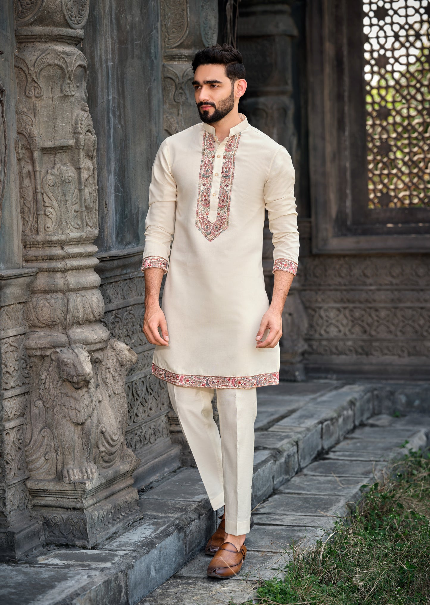 Elegant Cream Silk Koti Kurta Set with Multi-Color Embroidery