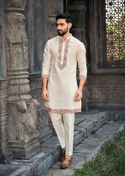 Elegant Cream Silk Koti Kurta Set with Multi-Color Embroidery