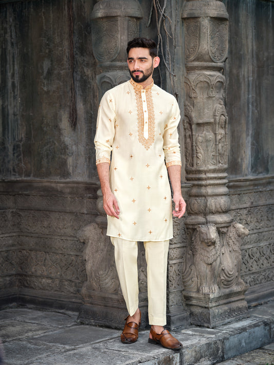 Cream Silk Kurta with Luxurious Gold Embroidered Work