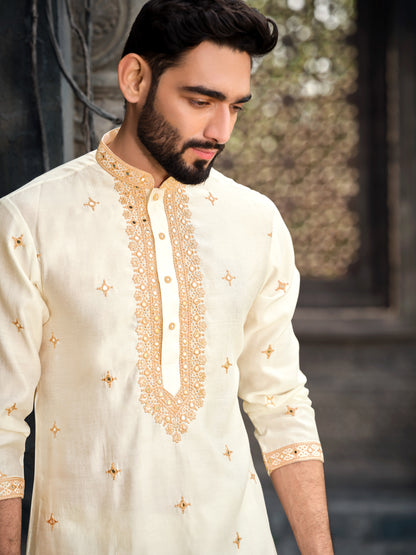 Cream Silk Kurta with Luxurious Gold Embroidered Work