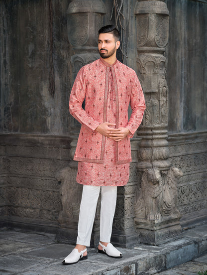 Regal Red Silk Koti Kurta Set with Exquisite Embroidery