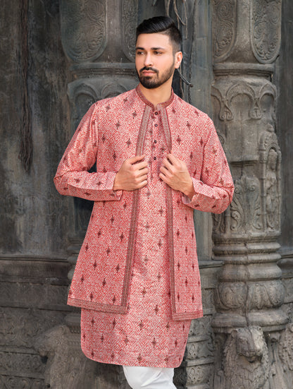 Regal Red Silk Koti Kurta Set with Exquisite Embroidery