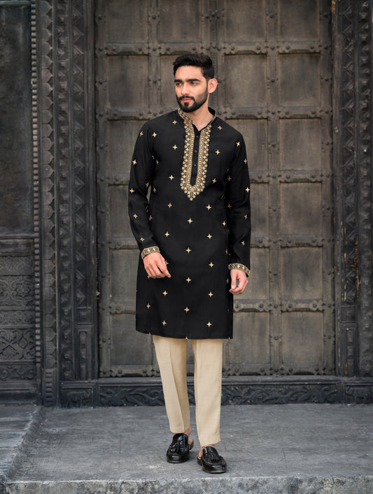 Black Silk Kurta with Gold Embroidered Detailing