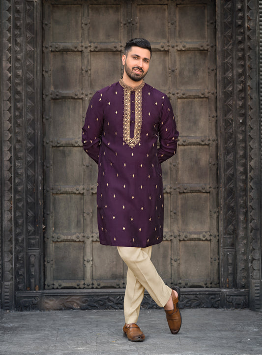 Regal Purple Silk Kurta with Gold Embroidered Detailing