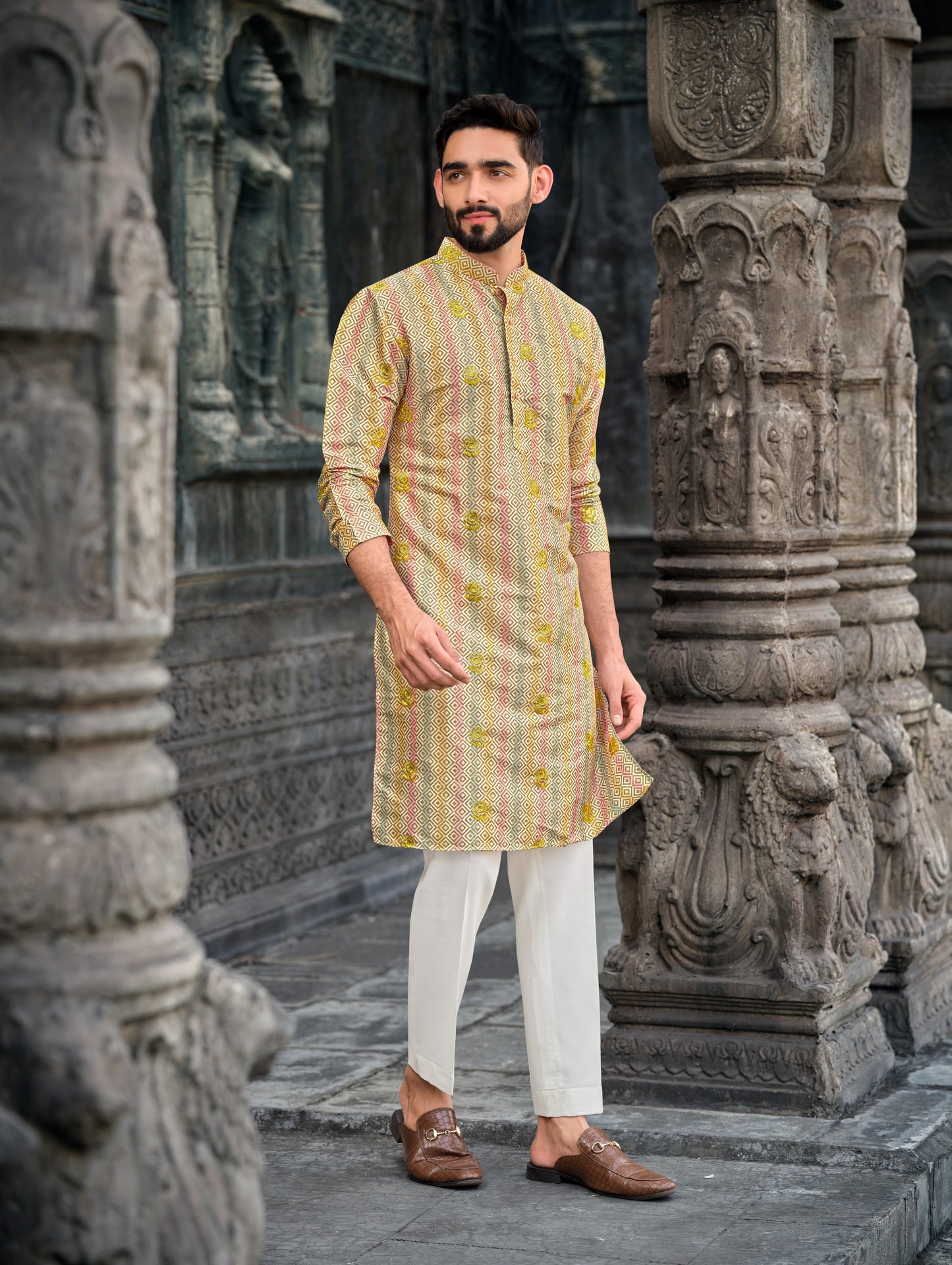 Classic Beige & Yellow Geometric Silk Kurta Multicolor