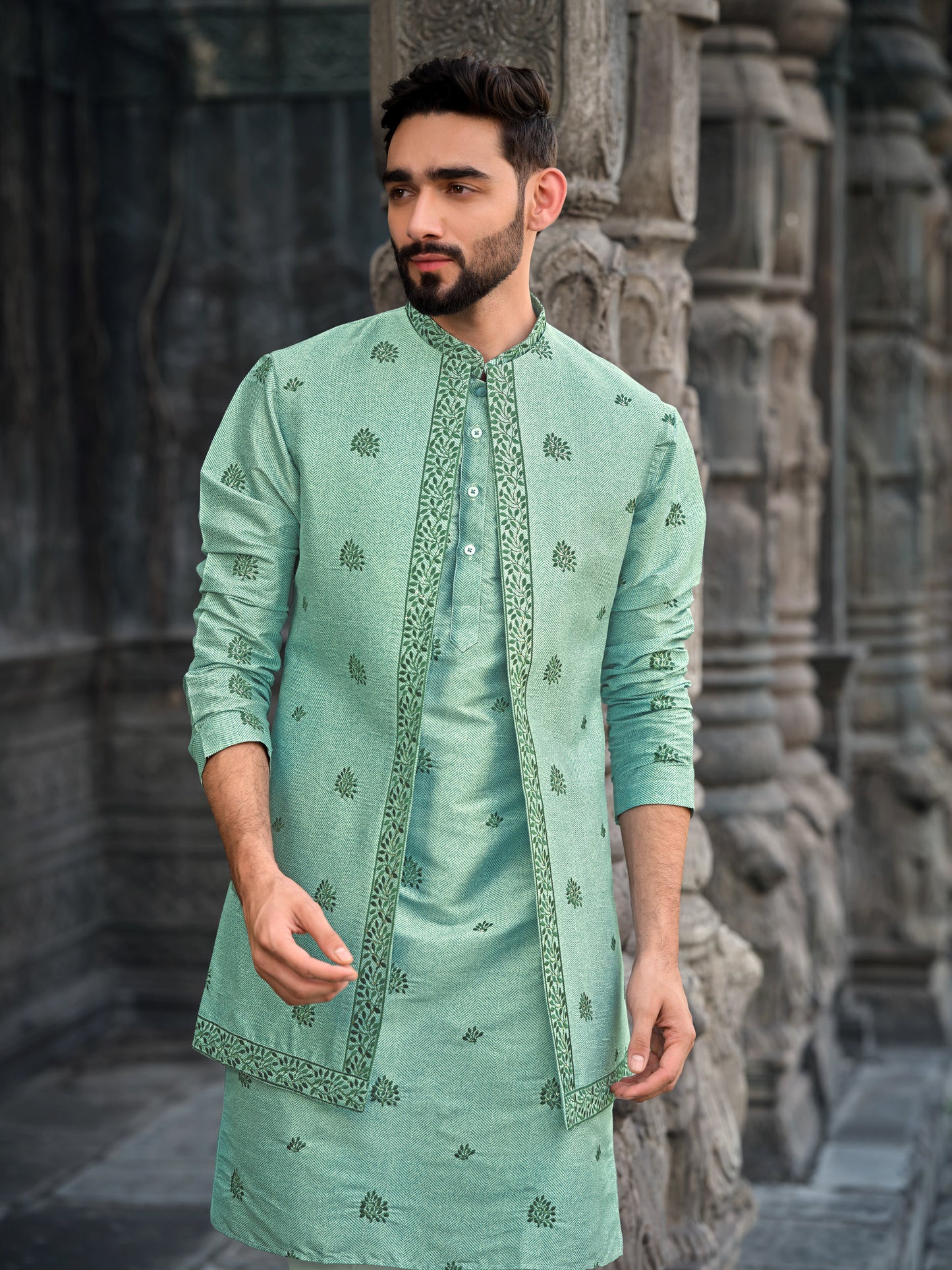 Elegant Mint Green Silk Koti Kurta Set with Detailed Embroidery