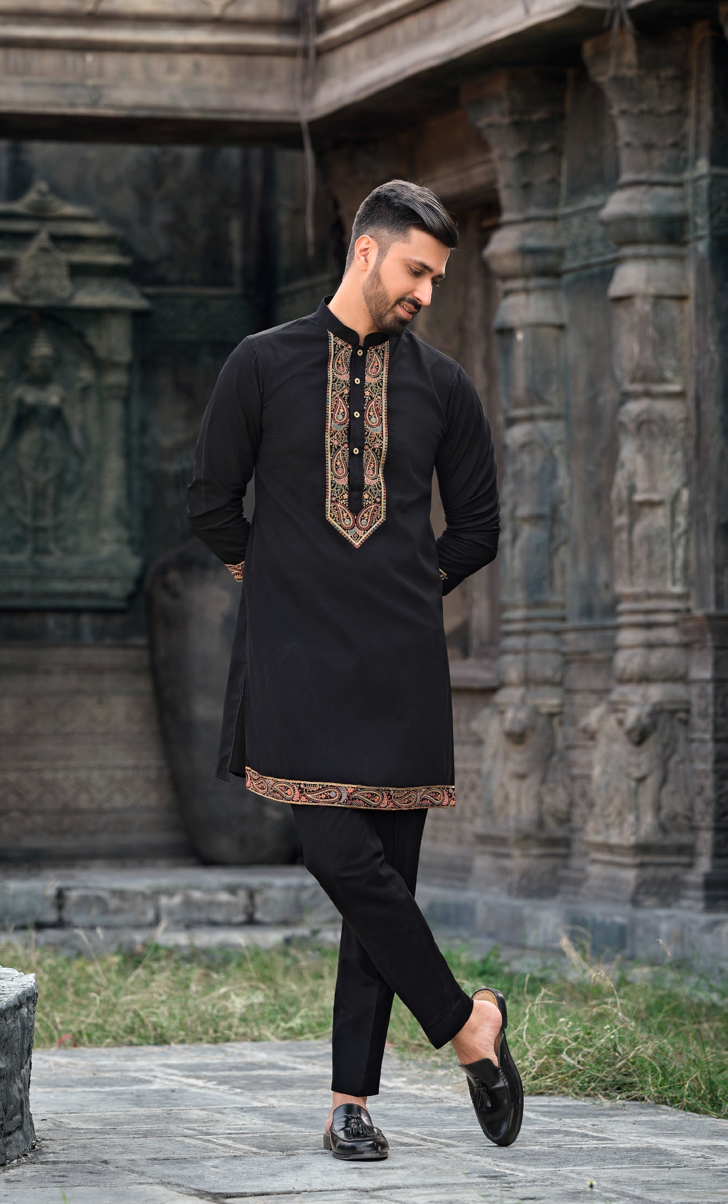 Classic Black Silk Koti Kurta Set with Exquisite Multi-Color Embroidery
