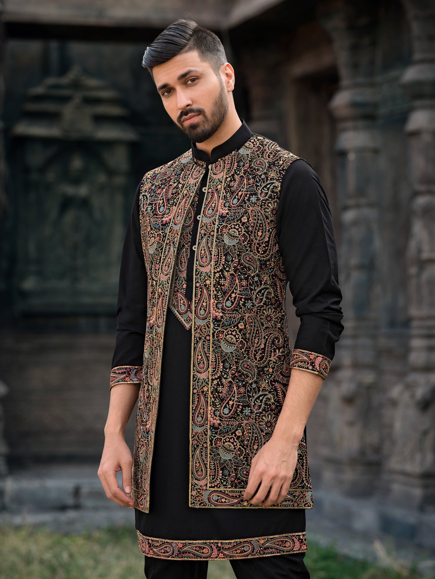 Classic Black Silk Koti Kurta Set with Exquisite Multi-Color Embroidery