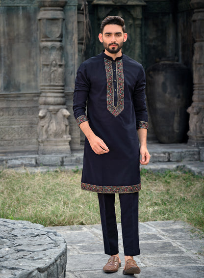 Sophisticated Navy Blue Silk Koti Kurta Set with Exquisite Embroidery