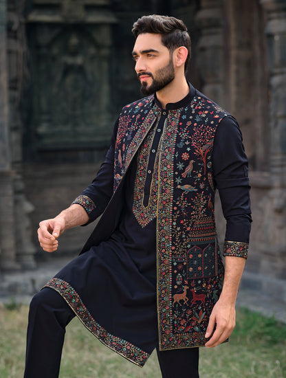 Sophisticated Navy Blue Silk Koti Kurta Set with Exquisite Embroidery