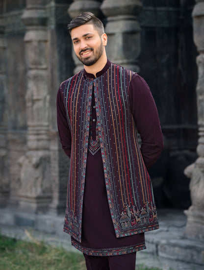 Royal Purple Silk Koti Kurta Set with Exquisite Embroidery