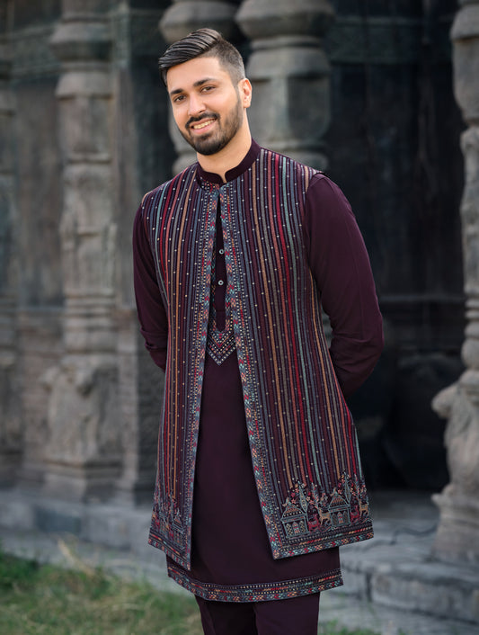 Royal Purple Silk Koti Kurta Set with Exquisite Embroidery