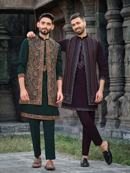 Opulent Dark Green Silk Koti Kurta Set with Exquisite Embroidery