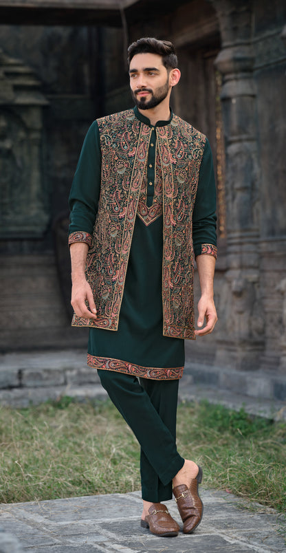Opulent Dark Green Silk Koti Kurta Set with Exquisite Embroidery