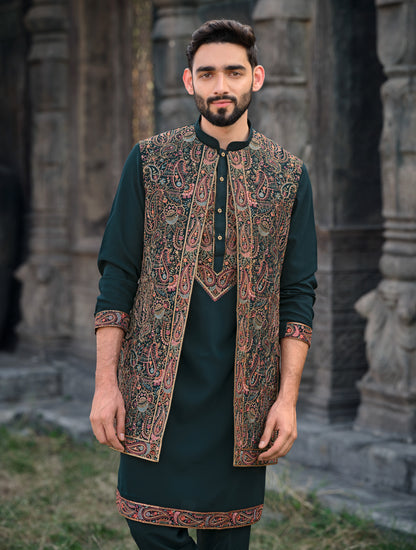 Opulent Dark Green Silk Koti Kurta Set with Exquisite Embroidery