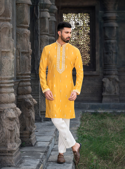 Sunshine Yellow Silk Kurta with Exquisite Embroidered Work