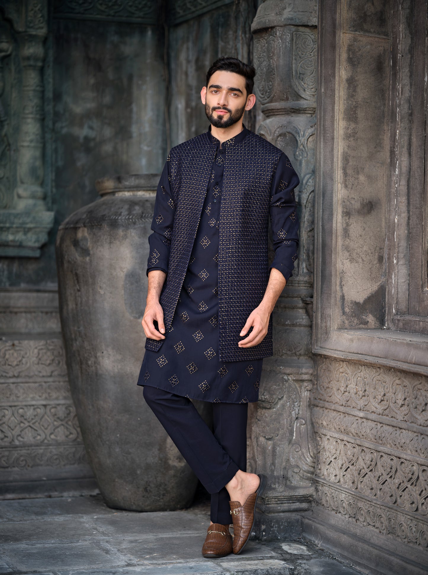 Luxurious Dark Blue Silk Koti Kurta Set with Golden Embroidery