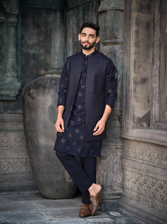 Luxurious Dark Blue Silk Koti Kurta Set with Golden Embroidery