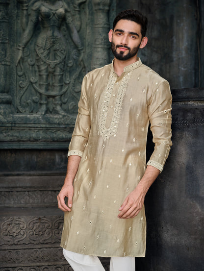 Golden Silk Kurta with Exquisite Embroidered Work