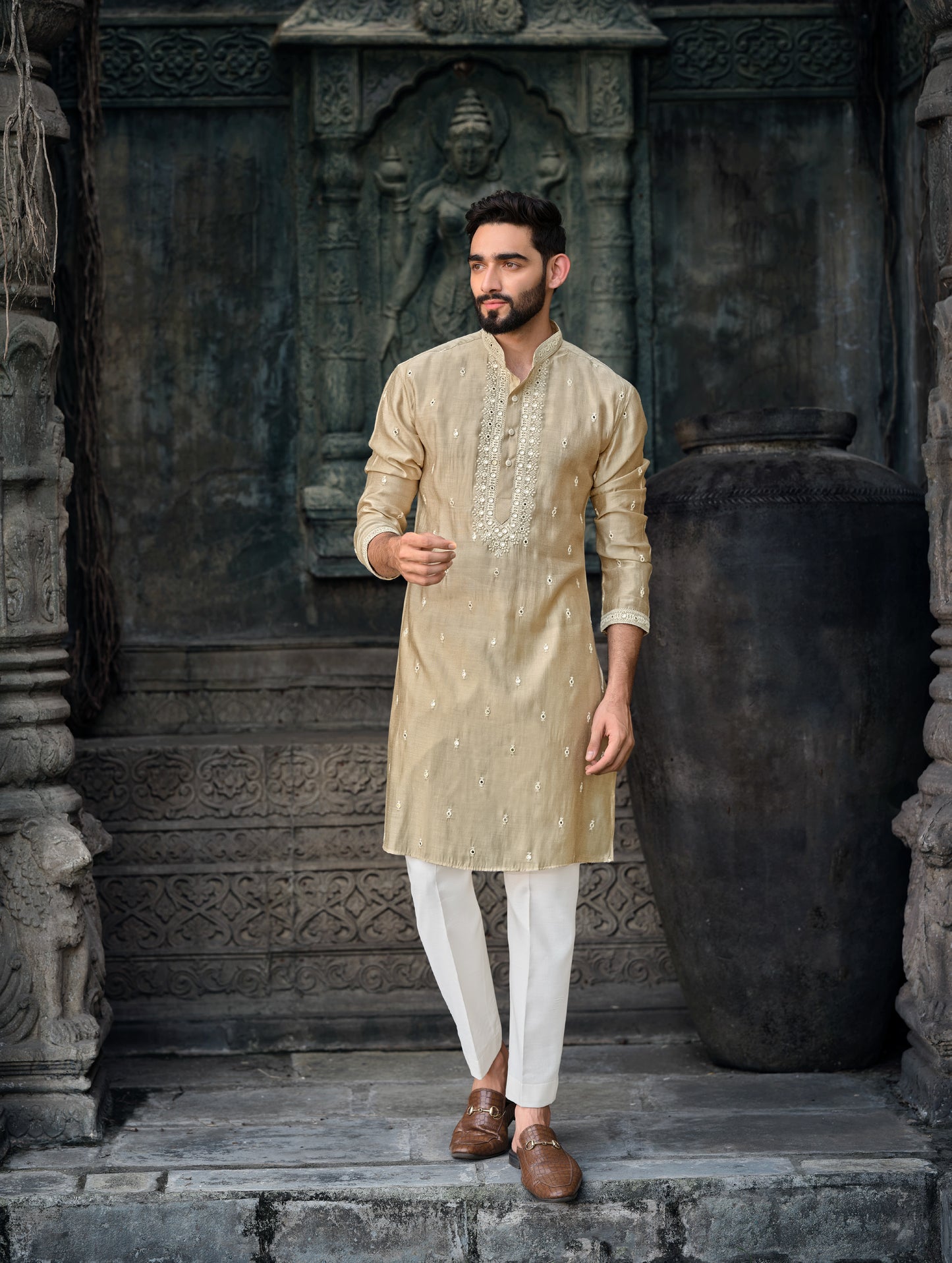 Golden Silk Kurta with Exquisite Embroidered Work