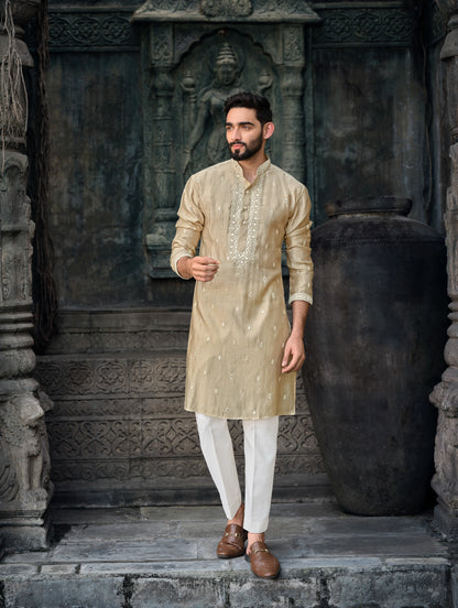 Golden Silk Kurta with Exquisite Embroidered Work