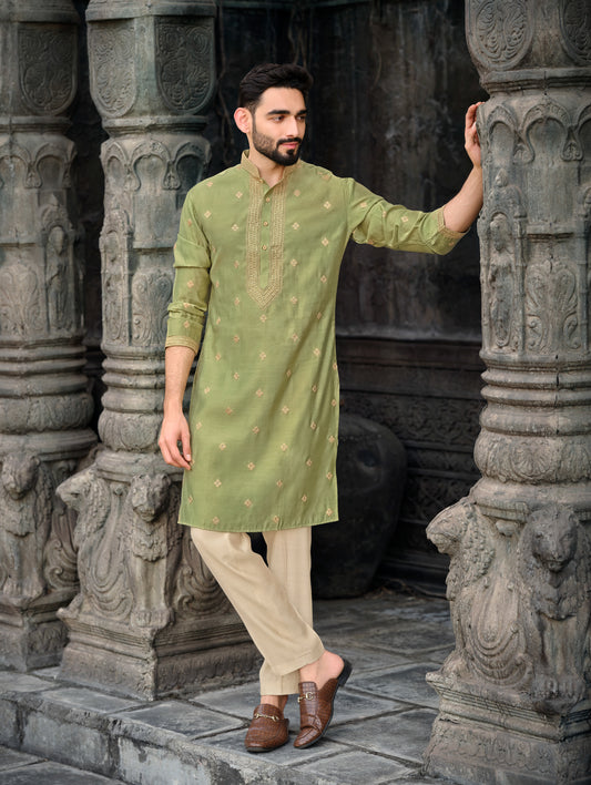 Pista Green Silk Kurta with Golden Embroidered Elegance