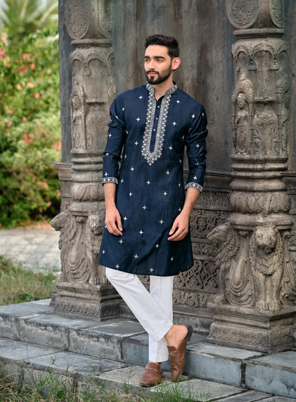 Navy Blue Silk Kurta with White Embroidery