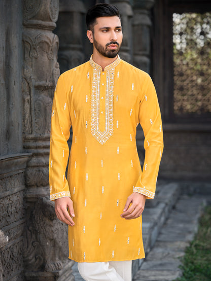 Sunshine Yellow Silk Kurta with Exquisite Embroidered Work