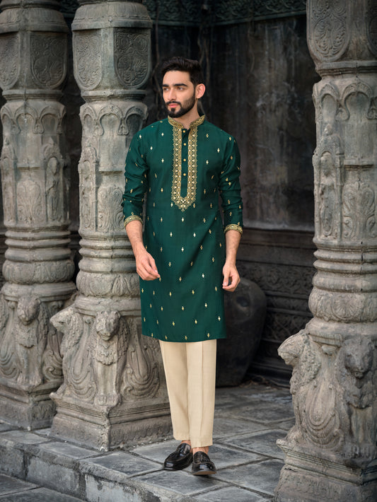 Luxurious Dark Green Silk Kurta with Golden Embroidery