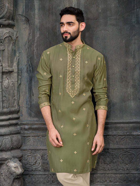 Elegant Dark Pista Green Silk Kurta with Golden Embroidery