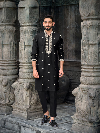 Elegant Black Silk Kurta with White Embroidery