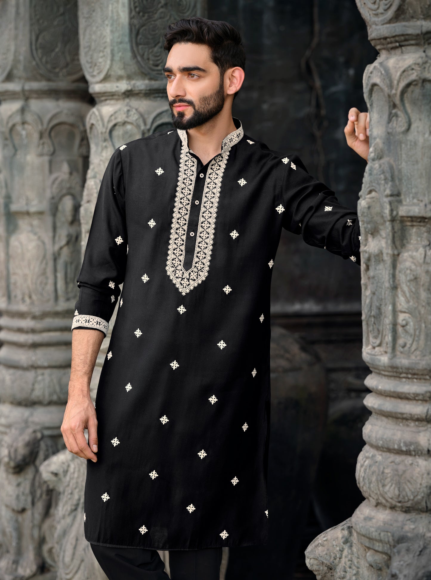 Elegant Black Silk Kurta with White Embroidery