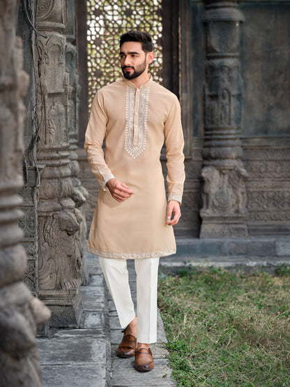 Elegant Cream Silk Koti Kurta Set with Exquisite Embroidery