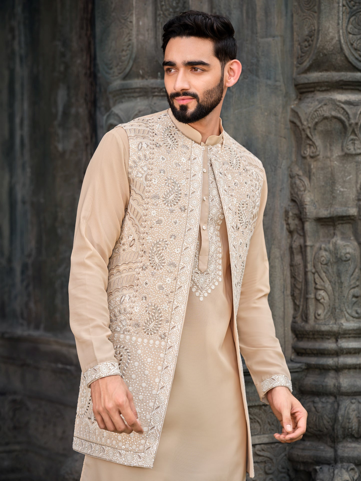 Elegant Cream Silk Koti Kurta Set with Exquisite Embroidery