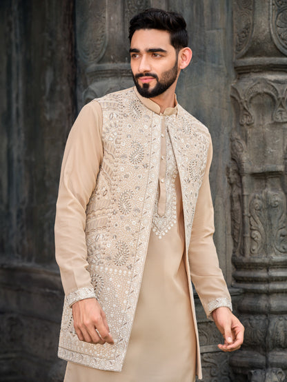 Elegant Cream Silk Koti Kurta Set with Exquisite Embroidery