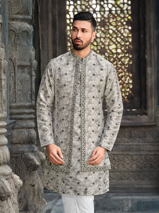 Sophisticated Grey Silk Koti Kurta Set with Elegant Embroidery