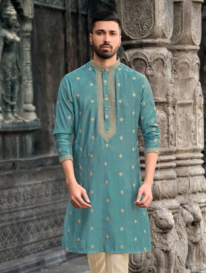 Regal Teal Silk Kurta with Golden Embroidery