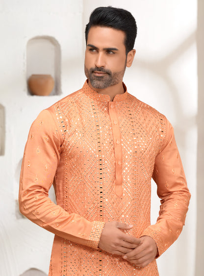 Fuzzy Peach Mirror Work Kurta Set