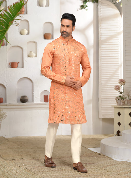 Fuzzy Peach Mirror Work Kurta Set