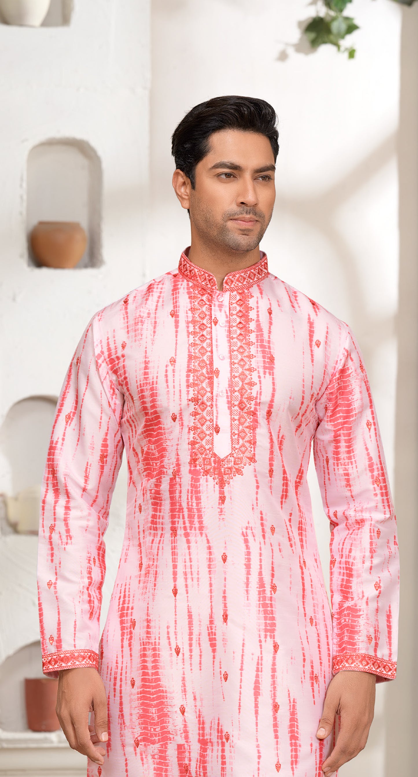 Coral and White Tie-Dye Kurta Set