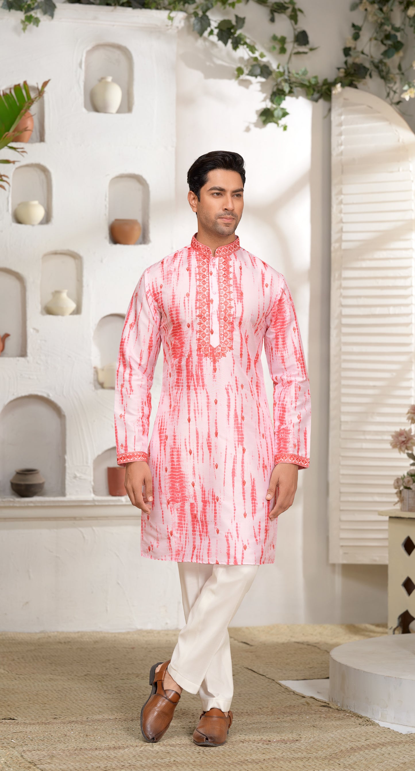 Coral and White Tie-Dye Kurta Set