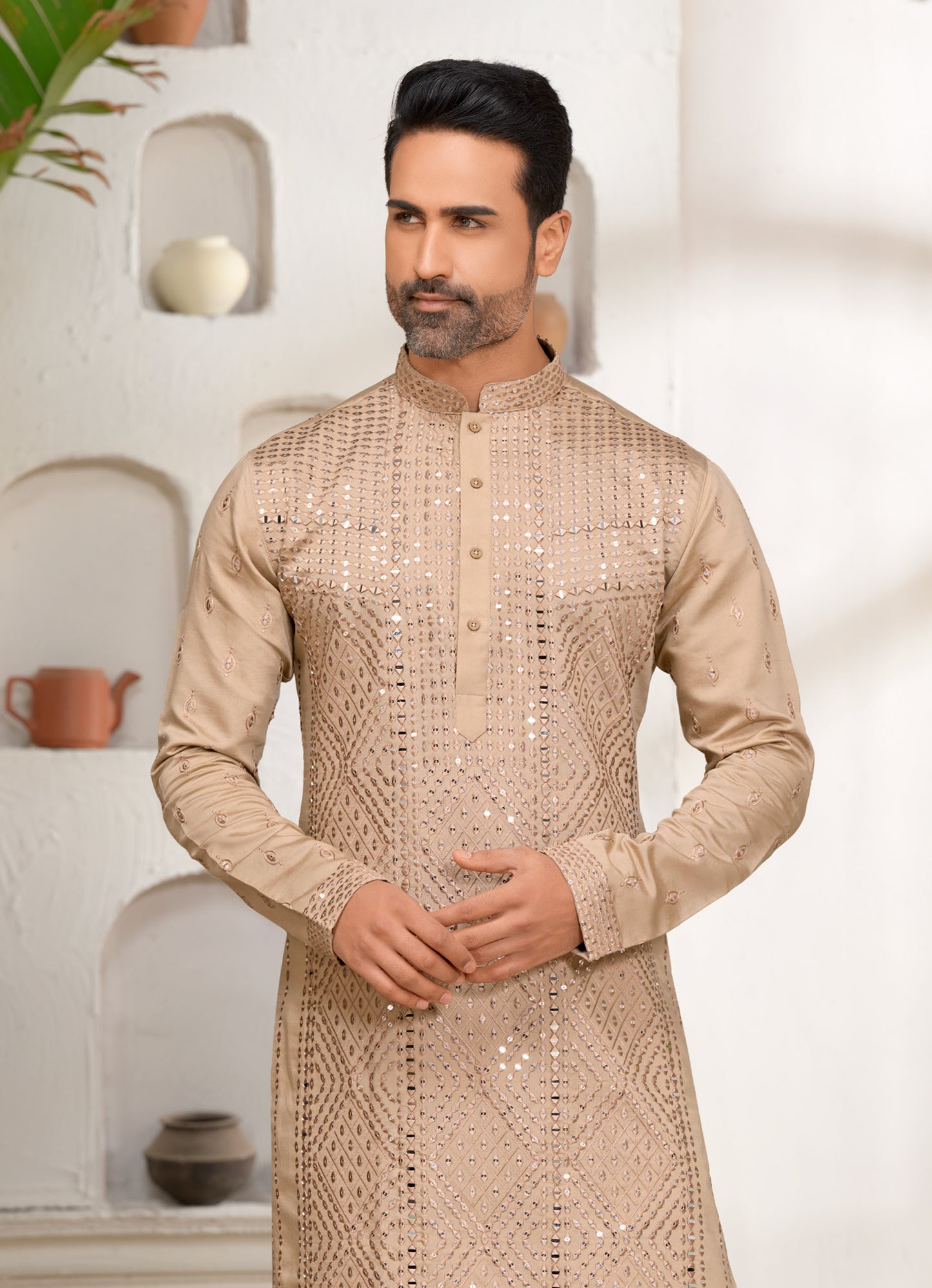 Mellow Buff Mirror Work Kurta Set