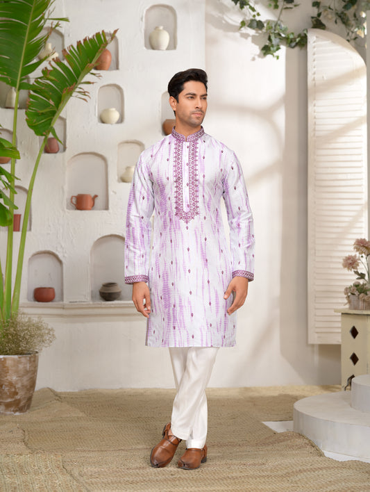 French Lilac Tie-Dye Embroidered Kurta Set