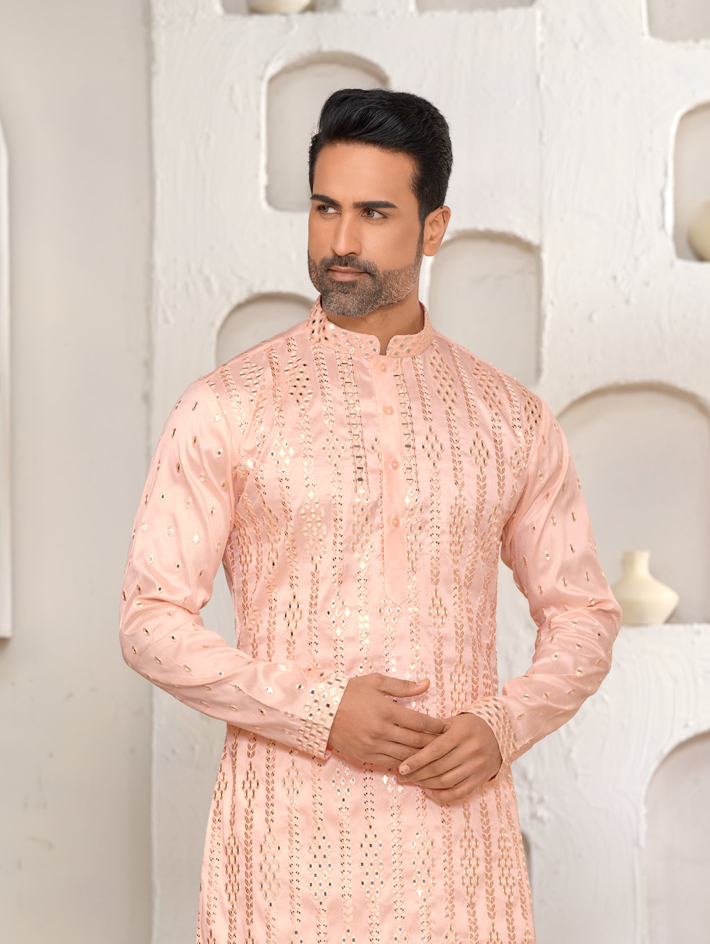Pale Peach Pink Mirror Work Kurta Set