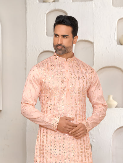Pale Peach Pink Mirror Work Kurta Set