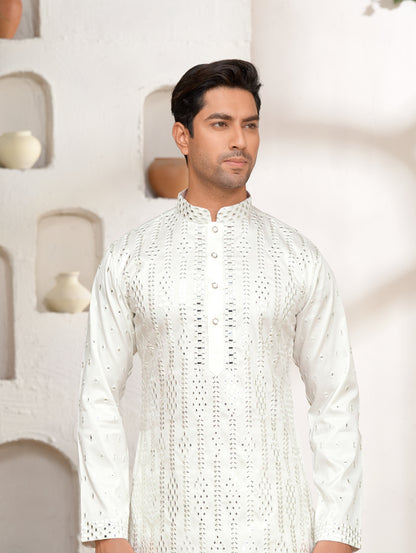 White Silk Kurta Set with Mirror Work