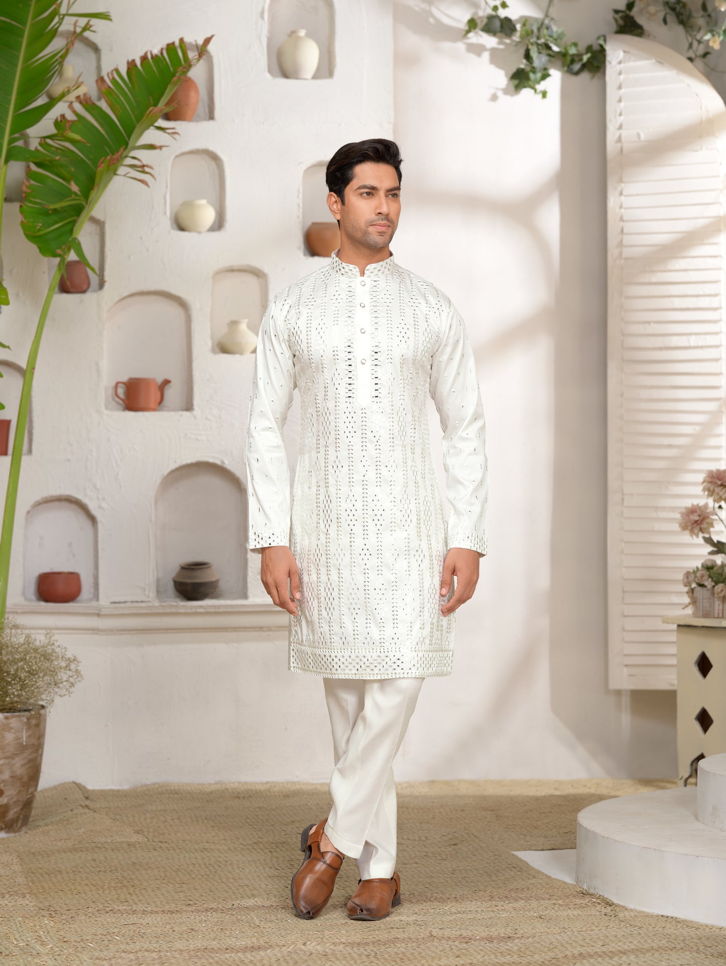 White Silk Kurta Set with Mirror Work