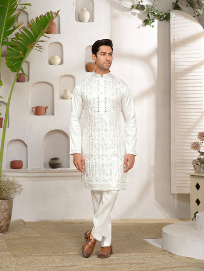 White Silk Kurta Set with Mirror Work
