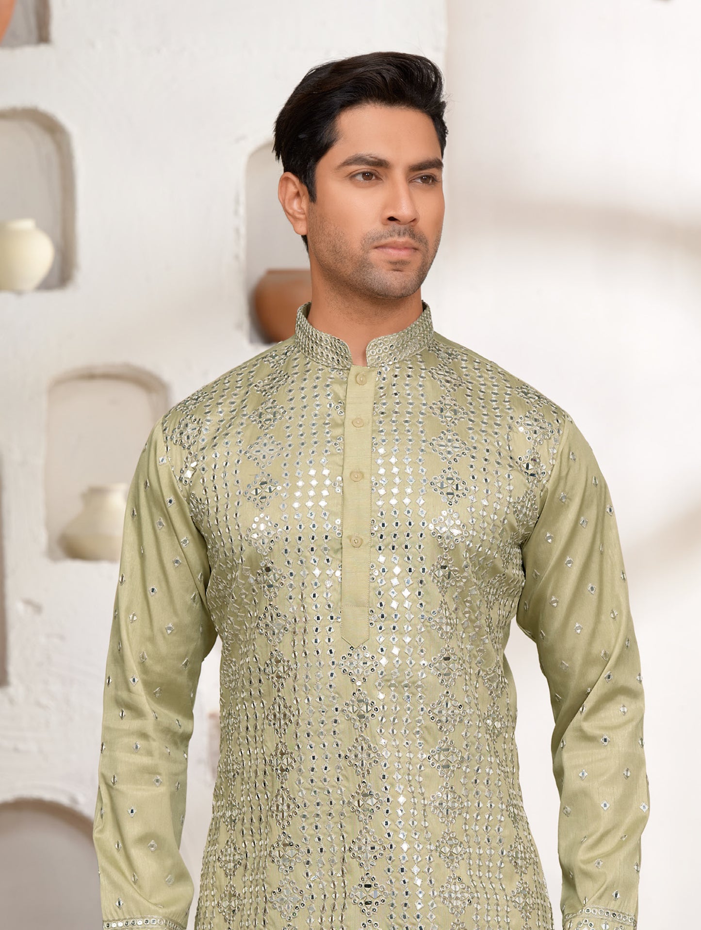 Wasabi Zing Silk Kurta Set with Mirror Work