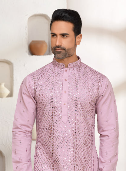 Purple Poodle Silk Kurta Set with Mirror Work
